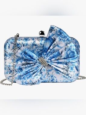 Blue Floral Satin Evening Clutch with Bow Detail